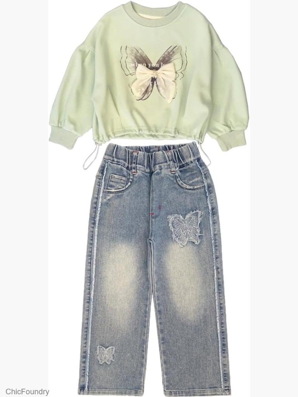 Girls 2pc Outfit T Shirt and Jeans Set Long Sleeve 4-10Y